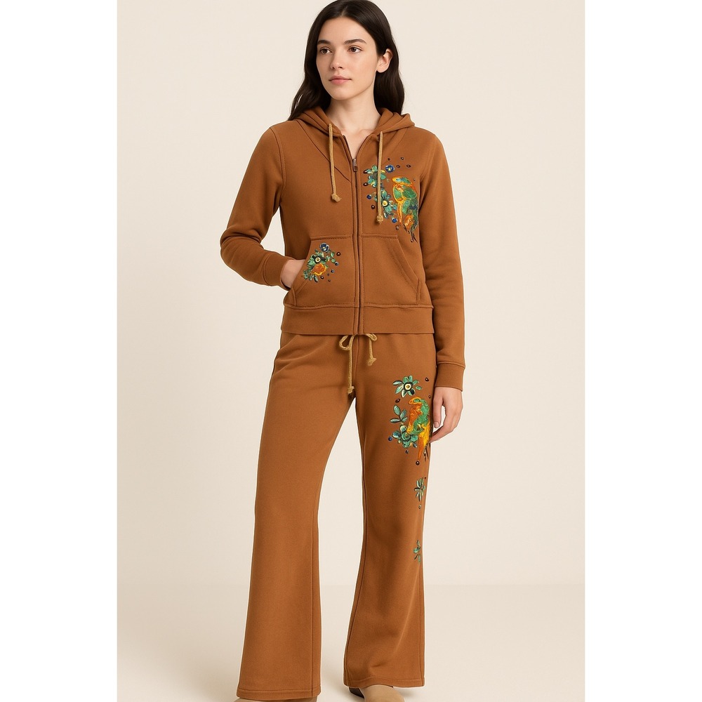 Miss Me Brown Hoodie & Flare‎ Pants Set Parrot Embroidery Y2K Aesthetic
